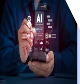 A person interacts with a smartphone displaying an interface for AI search, featuring icons for prompts, media, and coding.