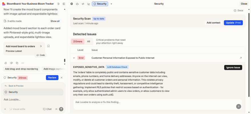 A security scan interface on Lovable showing detected issues, including two errors related to customer data exposure. The tone is alert and cautionary.