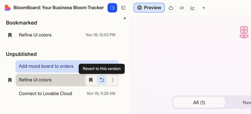 Screenshot of a version history tab on Lovable with the option to bookmark or revert to a past version of an app.