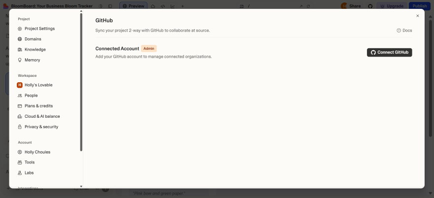 Interface for syncing a project with GitHub, showing connected accounts and an option to connect GitHub.