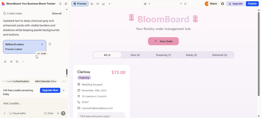 Screenshot of the BloomBoard interface for a floristry order management system, showcasing updated UI with pastel colors and order details.