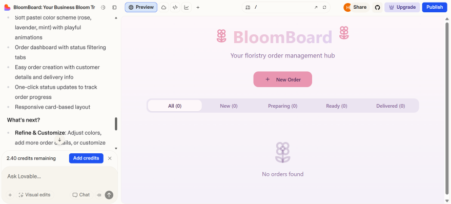 Screenshot of BloomBoard dashboard showcasing a pastel interface for managing floristry orders, with tabs for order status and creation options.
