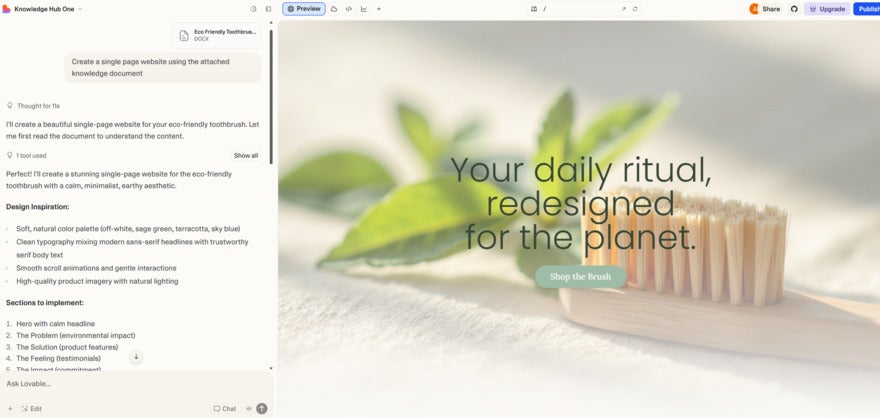 Lovable Knowledge Doc Result A digital mockup for an eco-friendly toothbrush website, featuring a natural aesthetic with a brush and greenery, emphasizing sustainability.