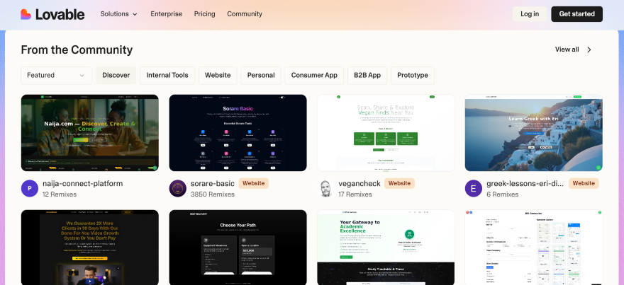 A community showcase of various web projects, including apps, websites, and prototypes, organized by categories on Lovable's platform.