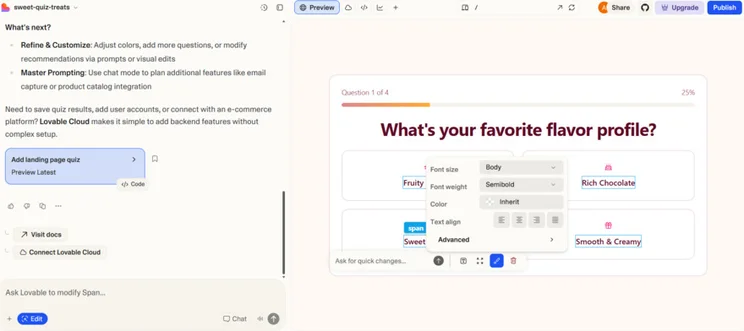 Lovable quiz page asking "What's your favorite flavor profile?" with customization options for font and color.