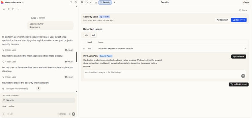 Lovable security scan Lovable interface showing a security scan report. Left panel displays a chat log detailing steps in reviewing app security, while the right panel lists detected issues, including a highlighted warning about price data exposed in the browser console.