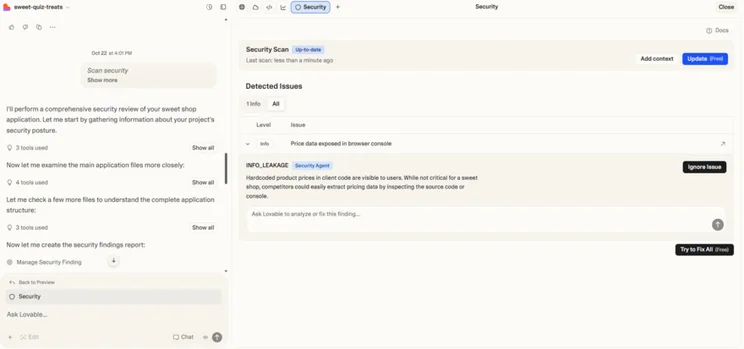 Lovable interface showing a security scan report. Left panel displays a chat log detailing steps in reviewing app security, while the right panel lists detected issues, including a highlighted warning about price data exposed in the browser console.