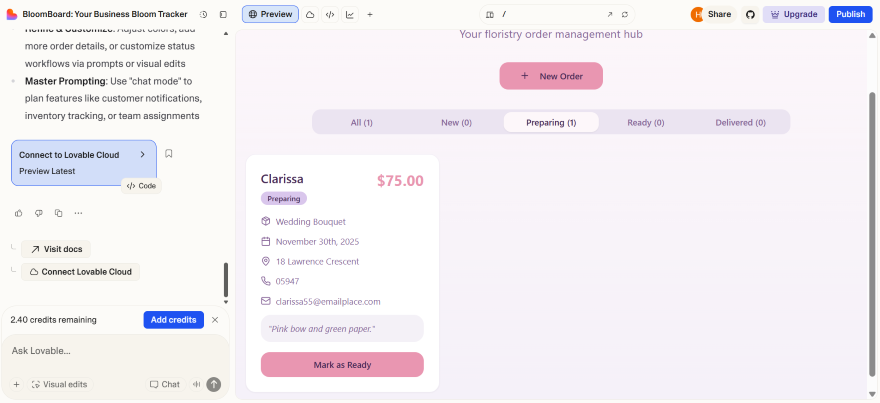 Screenshot of a floristry order management interface displaying an order for a wedding bouquet. Total: $75.00, marked as preparing.