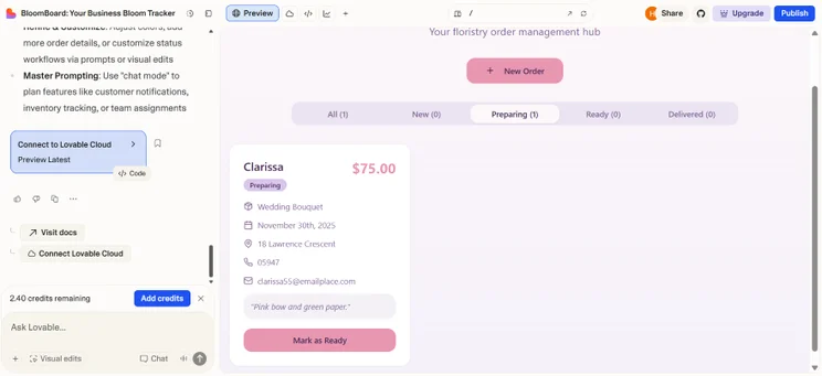Screenshot of a floristry order management interface displaying an order for a wedding bouquet. Total: $75.00, marked as preparing.