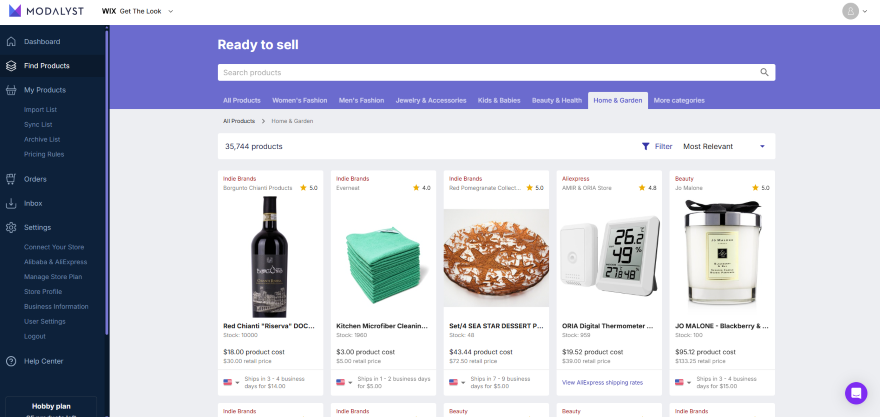 Screenshot of Modalyst dashboard showing a "Ready to sell" products page with various items listed under Home & Garden category.