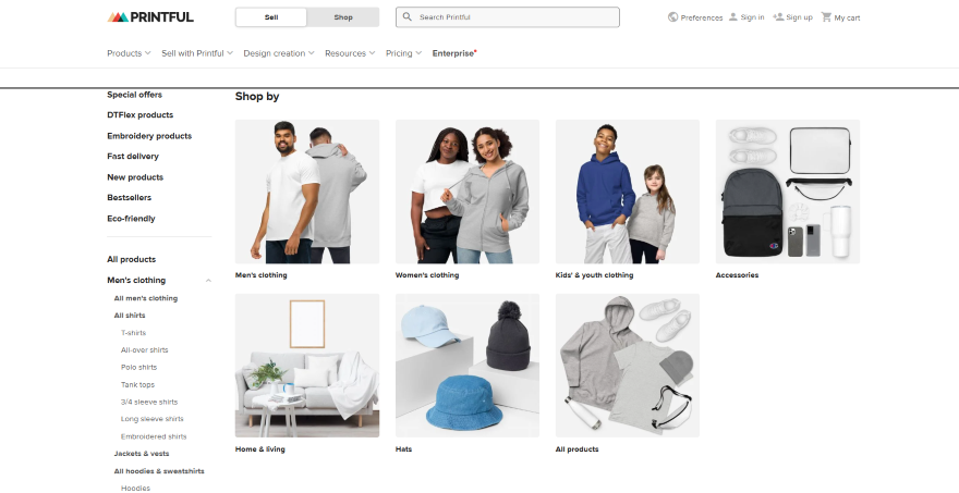 Screenshot of Printful website and product categories for men's clothing, women's clothing, and more.