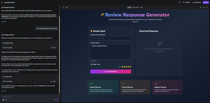 A website interface for a Review Response Generator, featuring fields for inputting restaurant reviews and generating personalized responses.