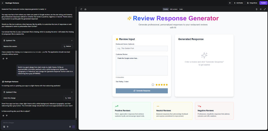 A user interface for a Review Response Generator, featuring input sections for restaurant details and generated AI responses.