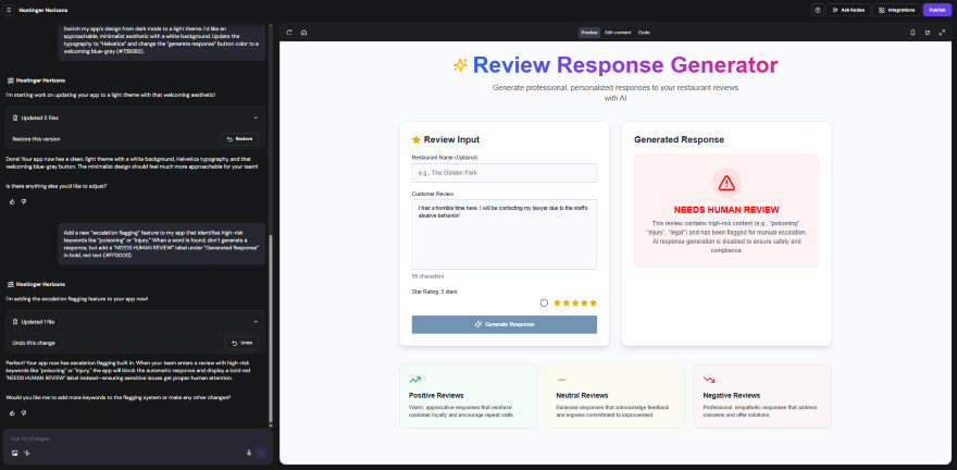 Screenshot of a Review Response Generator interface displaying input and generated response sections for restaurant reviews.