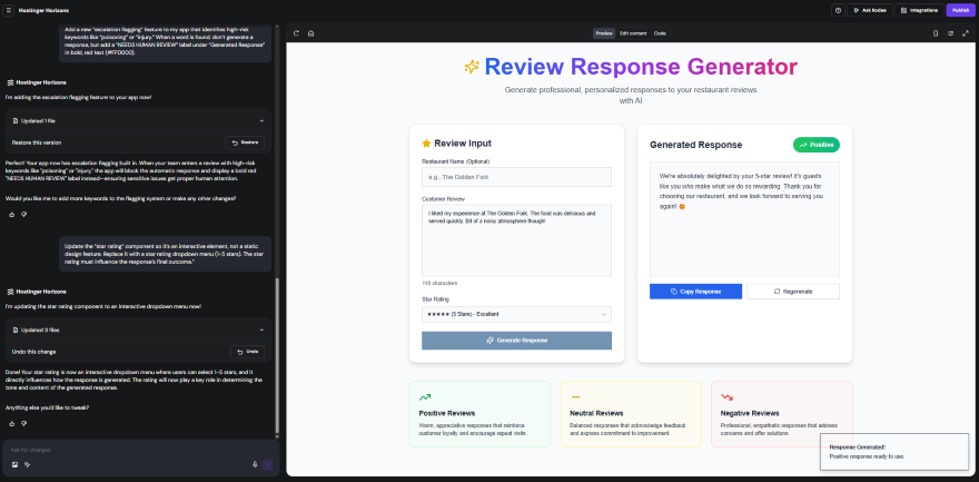 Screenshot of a web-based Review Response Generator tool, showcasing input and generated responses for restaurant reviews.