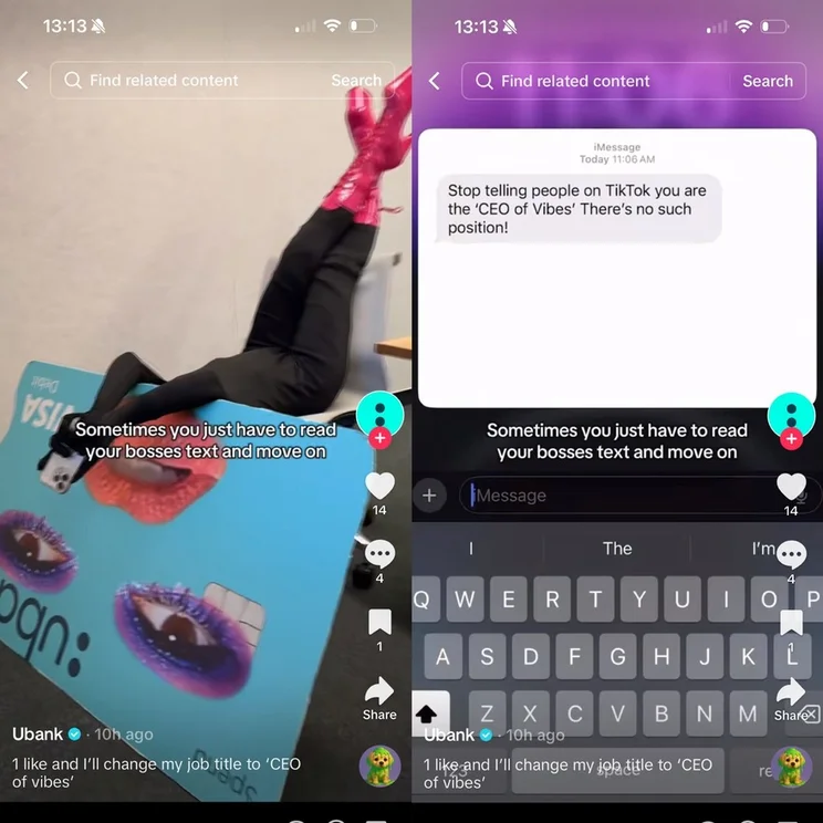 A humorous TikTok shows a person in pink boots upside down beside a large sign, sharing a boss's text about job titles.