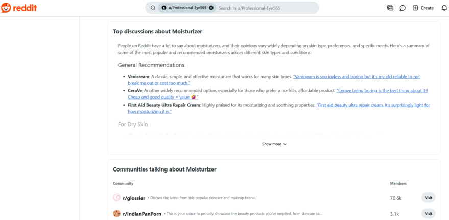 Reddit Pro Trends Tool Reddit AI tool showing the top discussions about moisturizer and communities talking about moisturizer