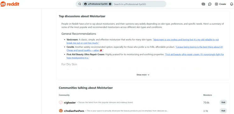Reddit AI tool showing the top discussions about moisturizer and communities talking about moisturizer