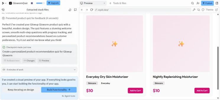 Screenshot of a product recommendation quiz showcasing two moisturizers with prices, featuring a modern design and interactive elements.