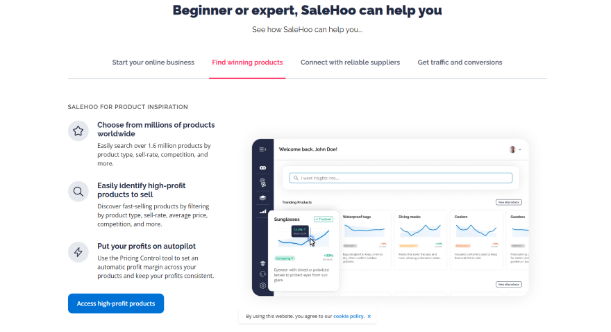 Screenshot of a SaleHoo webpage listing its features to help merchants find winning products.