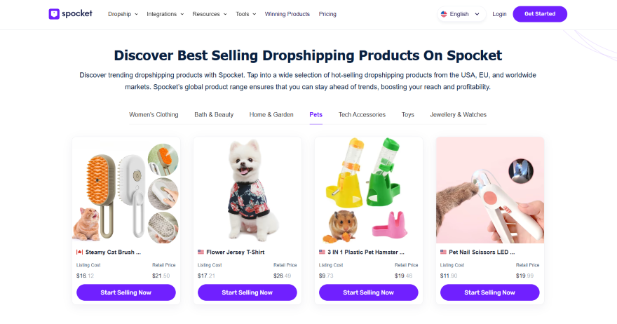 A webpage showcasing trending dropshipping pet products like a cat brush, jersey, toy, and nail scissors with pricing details.
