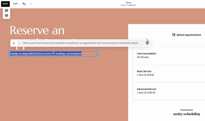 Gif showing SQuarespace's AI writer generating a short paragraph about reserving an appointment with a florist business