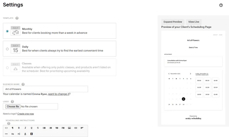 Squarespace Acuity scheduling settings page