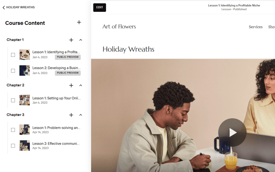 Squarespace Courses template showing different content chapters to edit