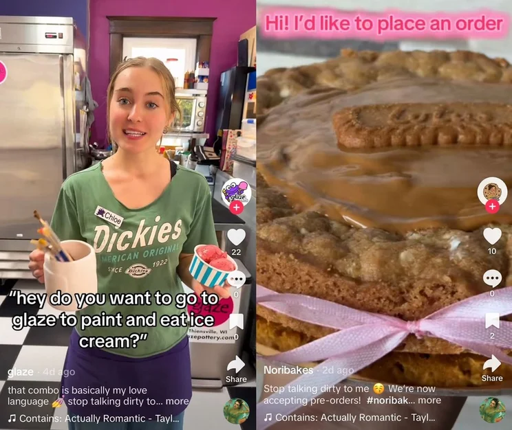 Left image shows a person holding ice cream cups stands in a colorful ice cream shop,, and right image shows a baked biscoff cookie close up