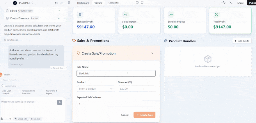 Test Vibe Code Pricing Tool A user creates a sale promotion named "Black Friday" in a pricing calculator interface, adjusting discount settings and expected sale volume.