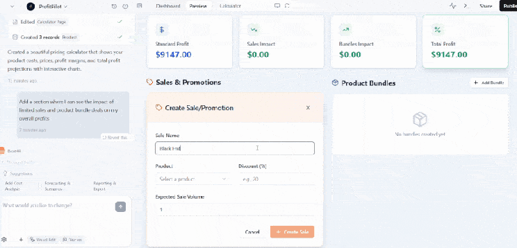 A user creates a sale promotion named "Black Friday" in a pricing calculator interface, adjusting discount settings and expected sale volume.