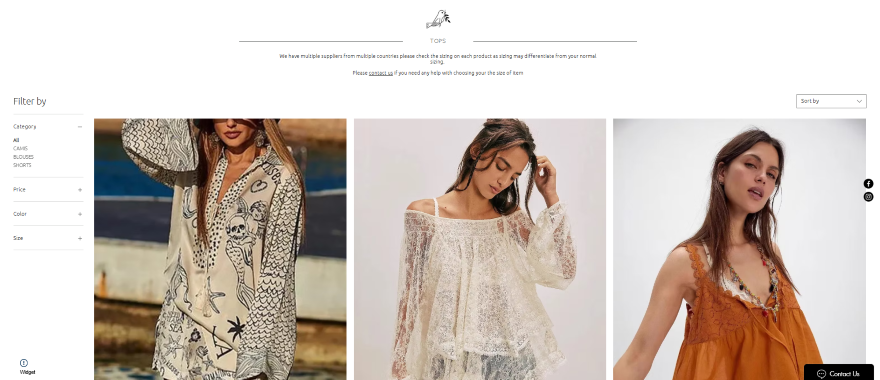 A selection of stylish women's tops displayed on a website, featuring various designs, fabrics, and colors for summer fashion.