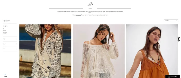 A selection of stylish women's tops displayed on a website, featuring various designs, fabrics, and colors for summer fashion.
