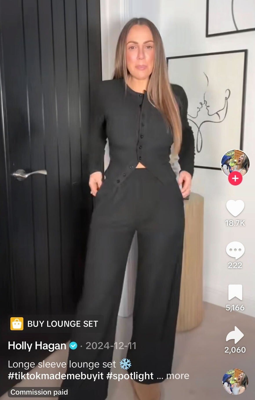 Trending Products Social Media Influencers Person modelling black trousers and long sleeve button up top with a TikTok Shop link attached