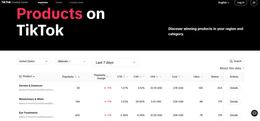 Trending Products Social Media Tools TikTok Creative Center list of top trending products in the skincare category: serums & essences, moisturisers & mists, and eye treatments