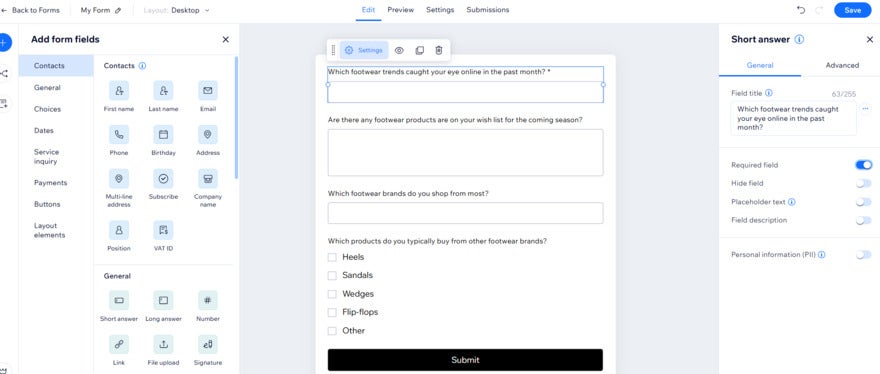 Trending Products Wix Forms A Wix form draft displaying questions about footwear preferences and shopping trends for collecting user responses.