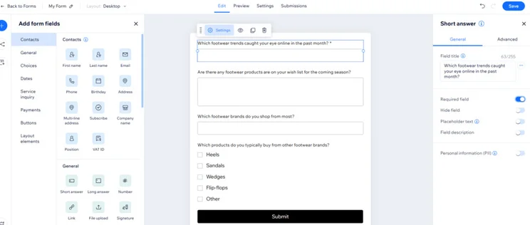 A Wix form draft displaying questions about footwear preferences and shopping trends for collecting user responses.