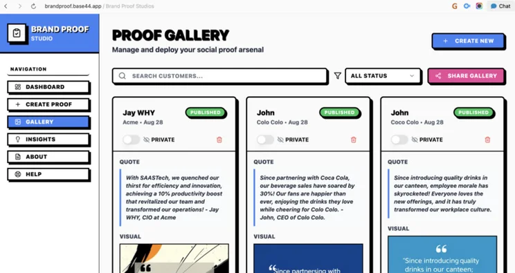 A screenshot of the Brand Proof Studio dashboard showcasing the Proof Gallery with customer quotes, statuses, and visuals.