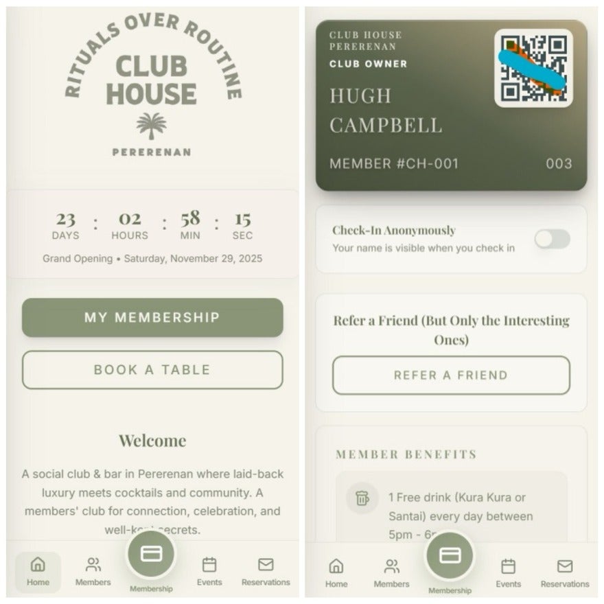 Vibe Coding Example Club House Pererenan Two screenshots of digital membership card for Club House Pererenan, highlighting membership info, benefits, and countdown to grand opening.