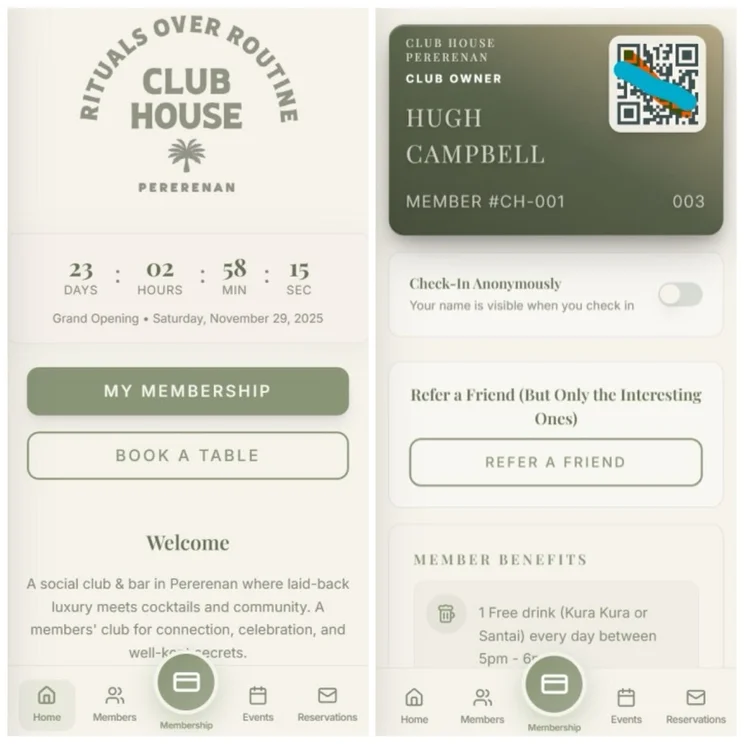 Two screenshots of digital membership card for Club House Pererenan, highlighting membership info, benefits, and countdown to grand opening.