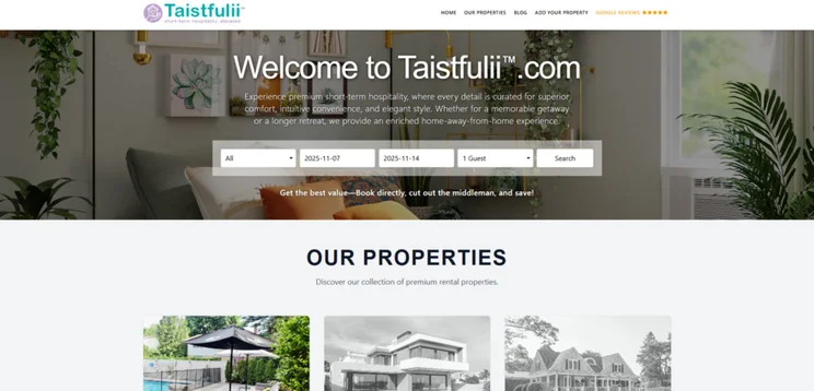 Taistfulli website with hero section with bookings drop down widget and a gallery called "our properties" underneath