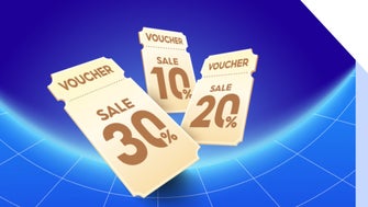Three voucher codes with different percentages floating against a blue tech background
