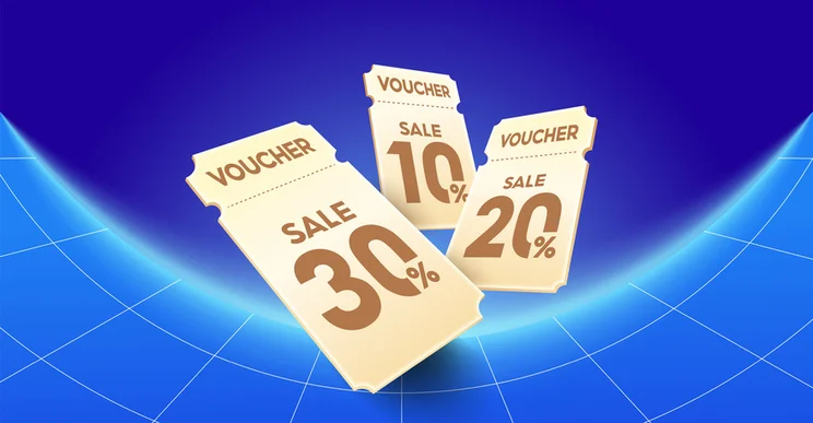 Three voucher codes with different percentages floating against a blue tech background
