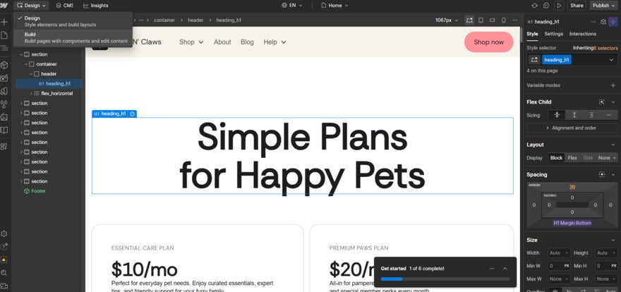 Webflow editor with small dropdown menu in top corner