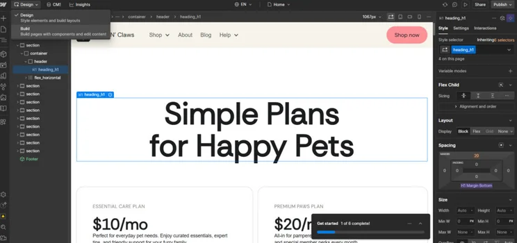 Webflow editor with small dropdown menu in top corner