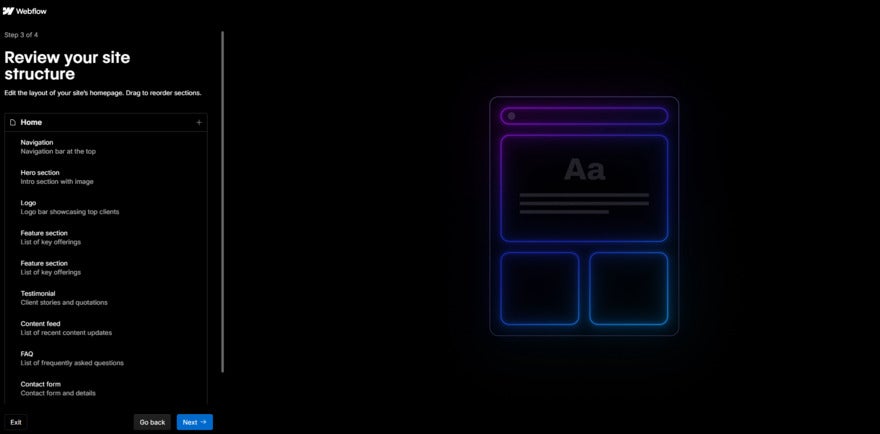 Black screen with blue and purple outline of site layout