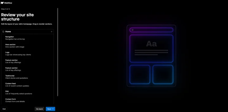 Black screen with blue and purple outline of site layout