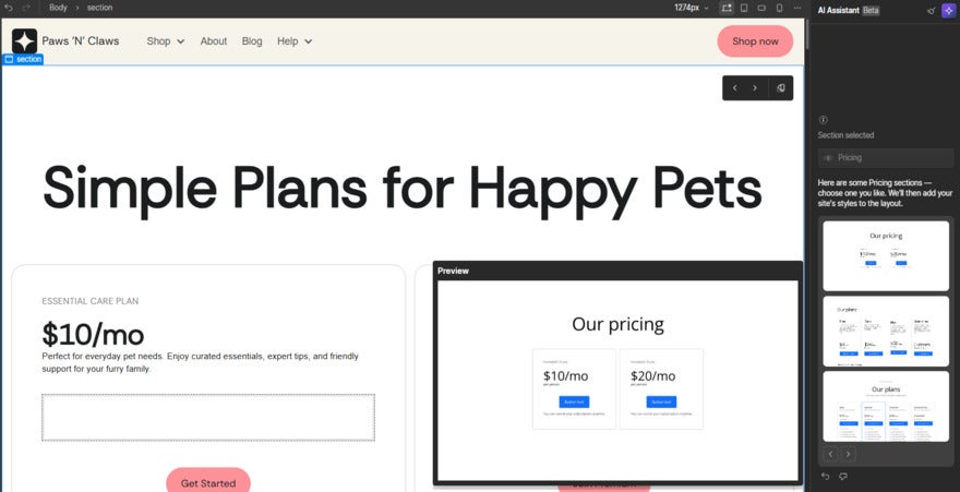Small pop up preview of the section template