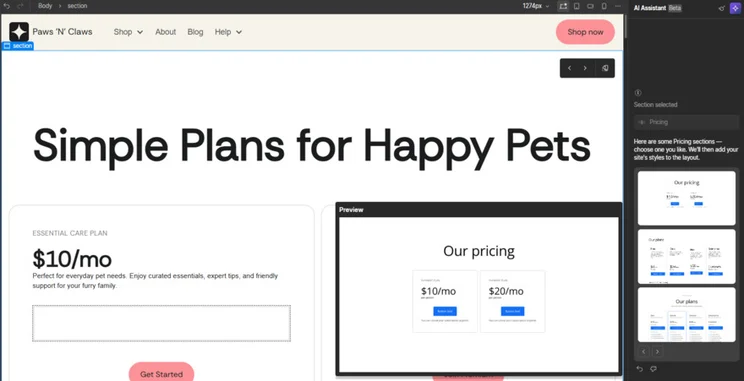 Small pop up preview of the section template