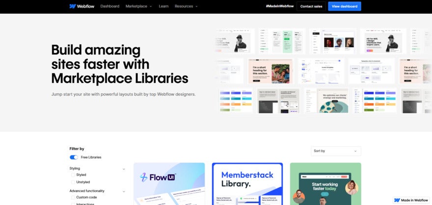 Webflow template library previews with text saying "build amazing sites faster with Marketplace librraies"